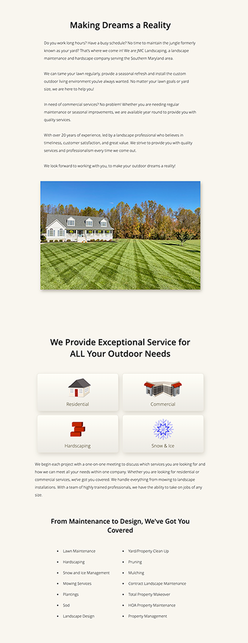 Picture of the landing page for JMC Landscaping demonstrating the addition of hierarchy, imagery and branding.