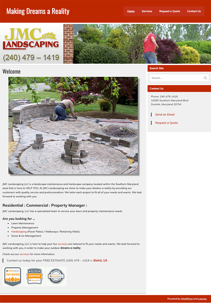 Image of the original JMC Landscaping website landing page showing a lack in both order and design.